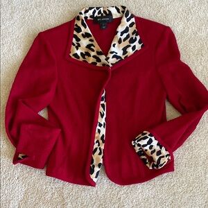 St. John Red Blazer with Leopard Trim